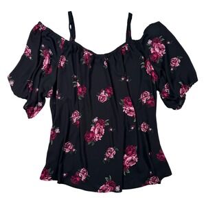 Torrid Floral Cold Shoulder Blouse Womens 4‎ Black Pink Excellent Chiffon Top